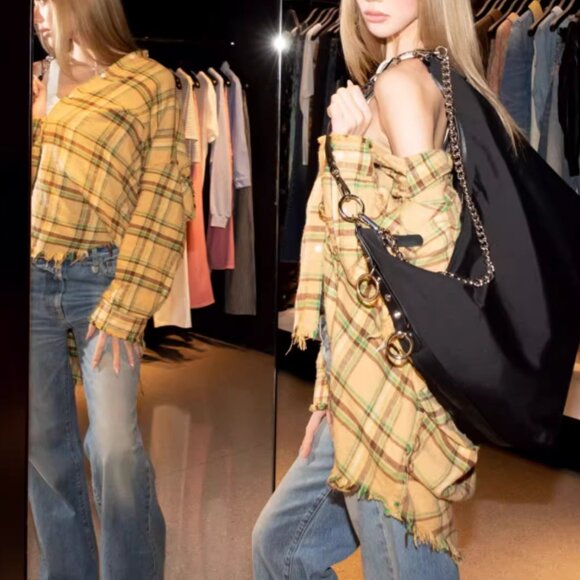 NWT R13 Yellow Checkered Cotton Shirt Frayed - Picture 1 of 11